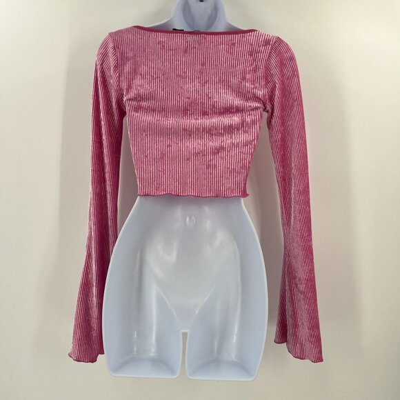 UO Out From Under XS Pink Velvet Bell Sleeve Crop Top Ribbed Square Neck Y2K - Picture 2 of 14